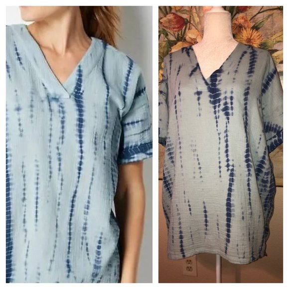 Sz L J. Jill Light Blue Tie-Dye Tunic Shirt Boho - Picture 4 of 16